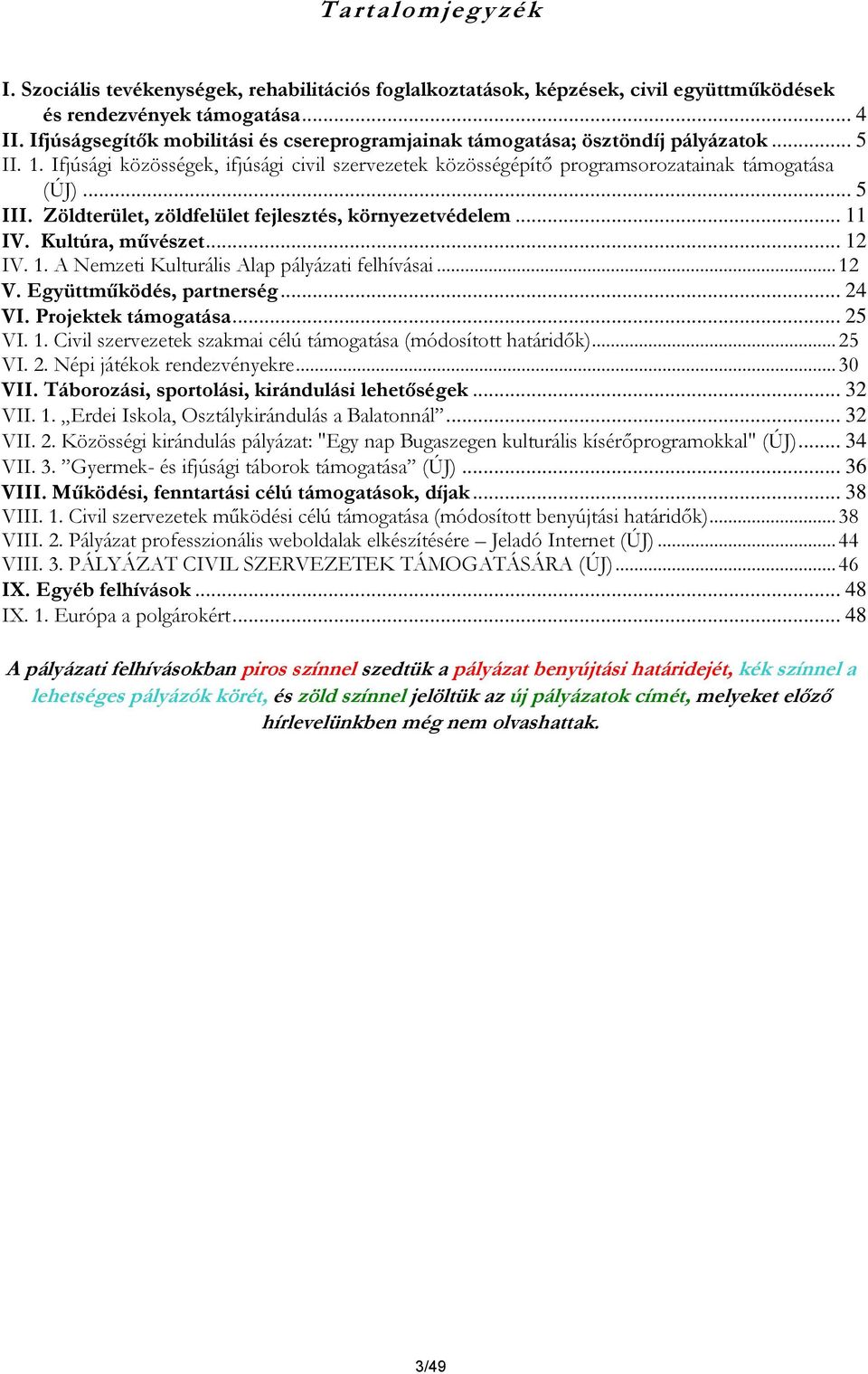 Zöldterület, zöldfelület fejlesztés, környezetvédelem... 11 IV. Kultúra, művészet... 12 IV. 1. A Nemzeti Kulturális Alap pályázati felhívásai... 12 V. Együttműködés, partnerség... 24 VI.