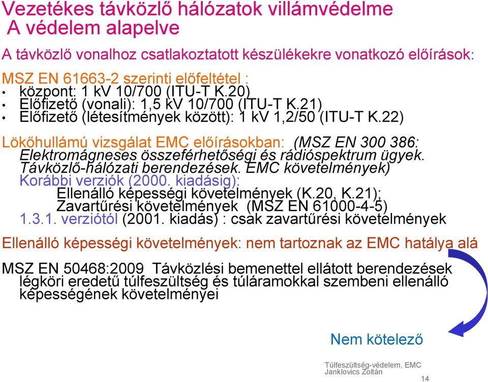 22) Lökőhullámú vizsgálat EMC előírásokban: (MSZ EN 300 386: Elektromágneses összeférhetőségi és rádióspektrum ügyek. Távközlő-hálózati berendezések. EMC követelmények) Korábbi verziók (2000.