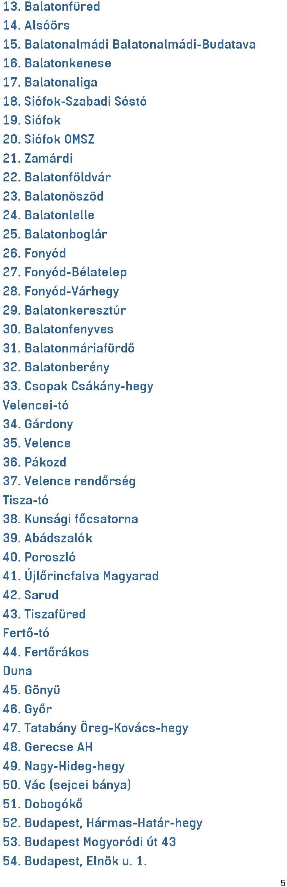 Csopak Csákány-hegy Velencei-tó 34. Gárdony 35. Velence 36. Pákozd 37. Velence rendőrség Tisza-tó 38. Kunsági főcsatorna 39. Abádszalók 40. Poroszló 41. Újlőrincfalva Magyarad 42. Sarud 43.