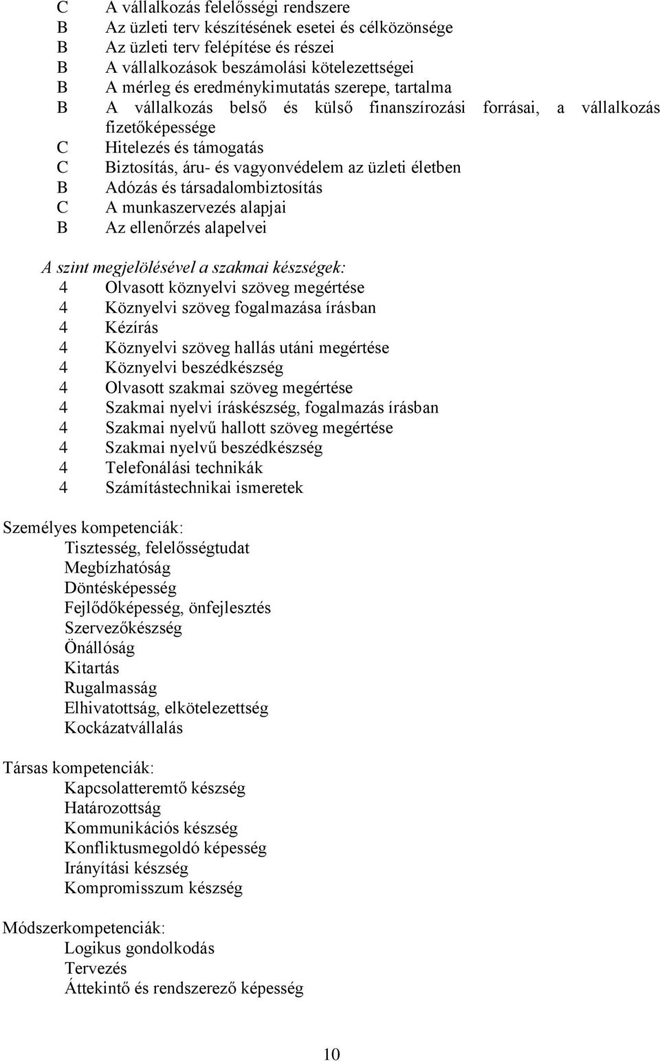 társadalombiztosítás A munkaszervezés alapjai Az ellenőrzés alapelvei A szint megjelölésével a szakmai készségek: 4 Olvasott köznyelvi szöveg megértése 4 Köznyelvi szöveg fogalmazása írásban 4