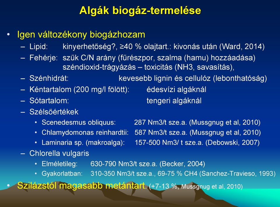 (lebonthatóság) Kéntartalom (200 mg/l fölött): édesvízi algáknál Sótartalom: tengeri algáknál Szélsőértékek Scenedesmus obliquus: 287 Nm3/t sze.a. (Mussgnug et al, 2010) Chlamydomonas reinhardtii: 587 Nm3/t sze.