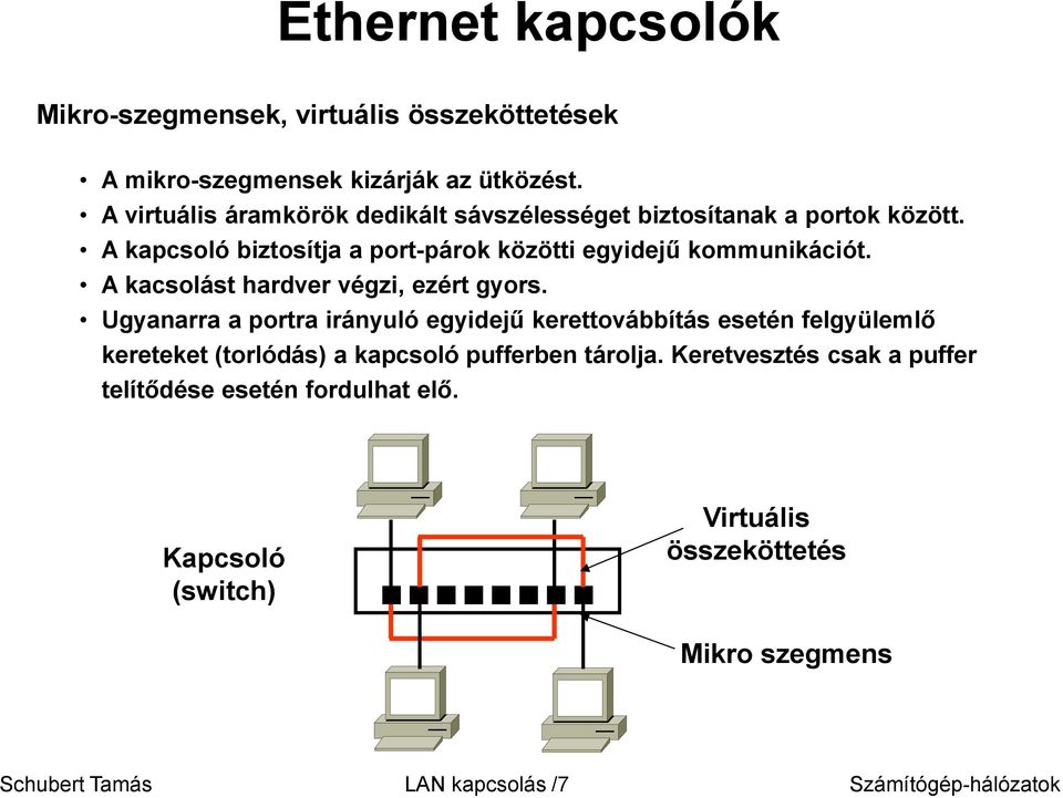 A kapcsoló biztosítja a port-párok közötti egyidejű kommunikációt. A kacsolást hardver végzi, ezért gyors.