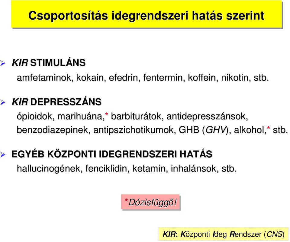 KIR DEPRESSZÁNS ópioidok,, marihuána,* barbiturátok, tok, antidepresszánsok, benzodiazepinek,