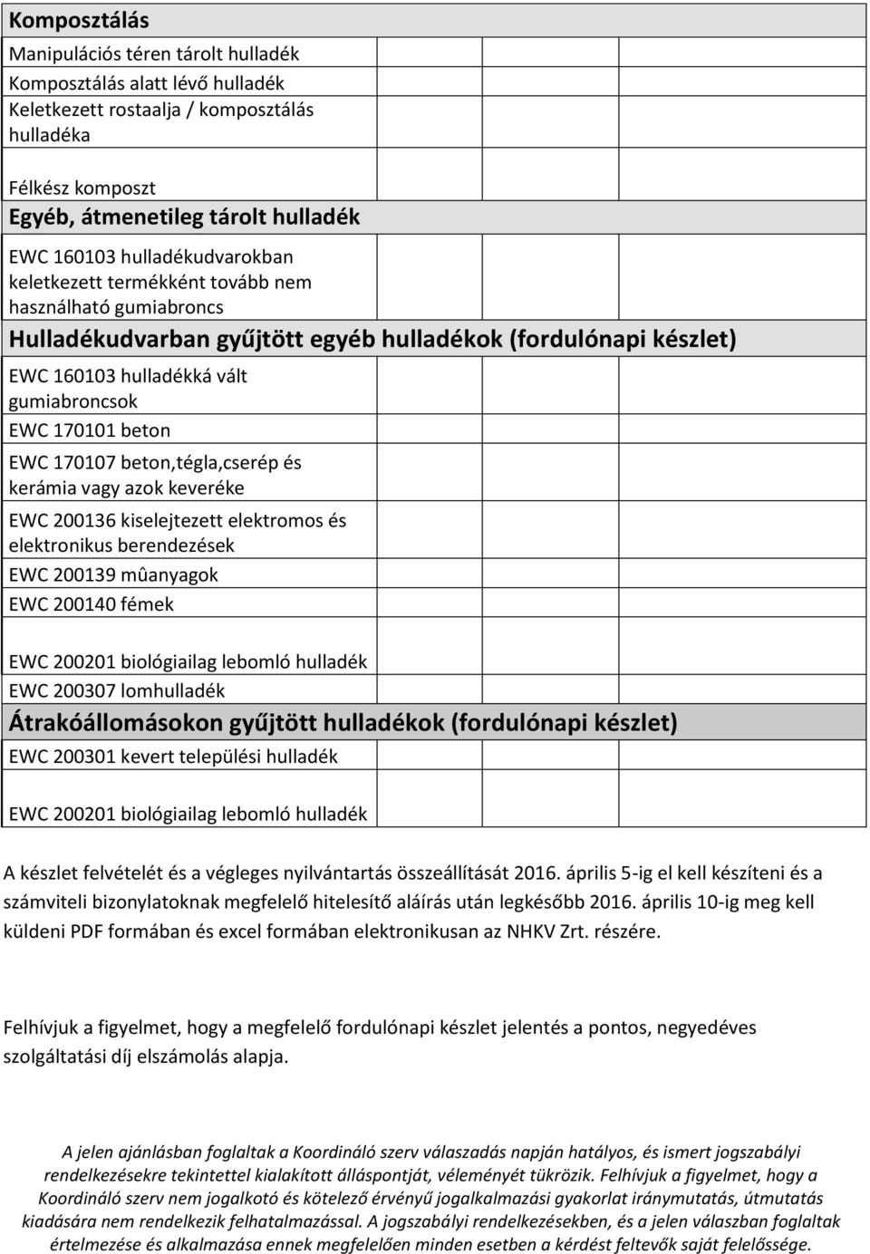 EWC 170107 beton,tégla,cserép és kerámia vagy azok keveréke EWC 200136 kiselejtezett elektromos és elektronikus berendezések EWC 200139 mûanyagok EWC 200140 fémek EWC 200201 biológiailag lebomló