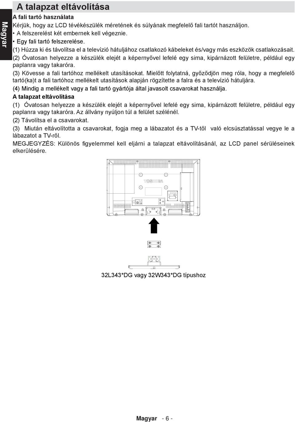 (2) Óvatosan helyezze a készülék elejét a képernyővel lefelé egy sima, kipárnázott felületre, például egy paplanra vagy takaróra. (3) Kövesse a fali tartóhoz mellékelt utasításokat.