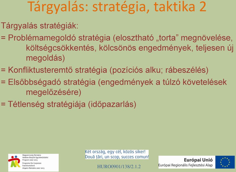 megoldás) = Konfliktusteremtő stratégia (pozíciós alku; rábeszélés) = Elsőbbségadó