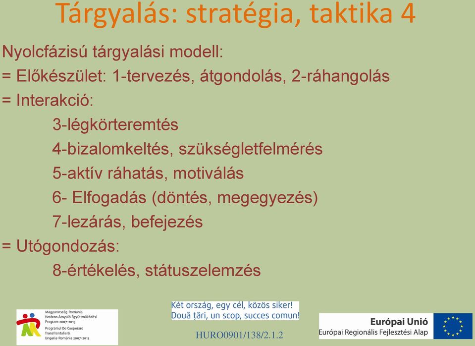 3-légkörteremtés 4-bizalomkeltés, szükségletfelmérés 5-aktív ráhatás,