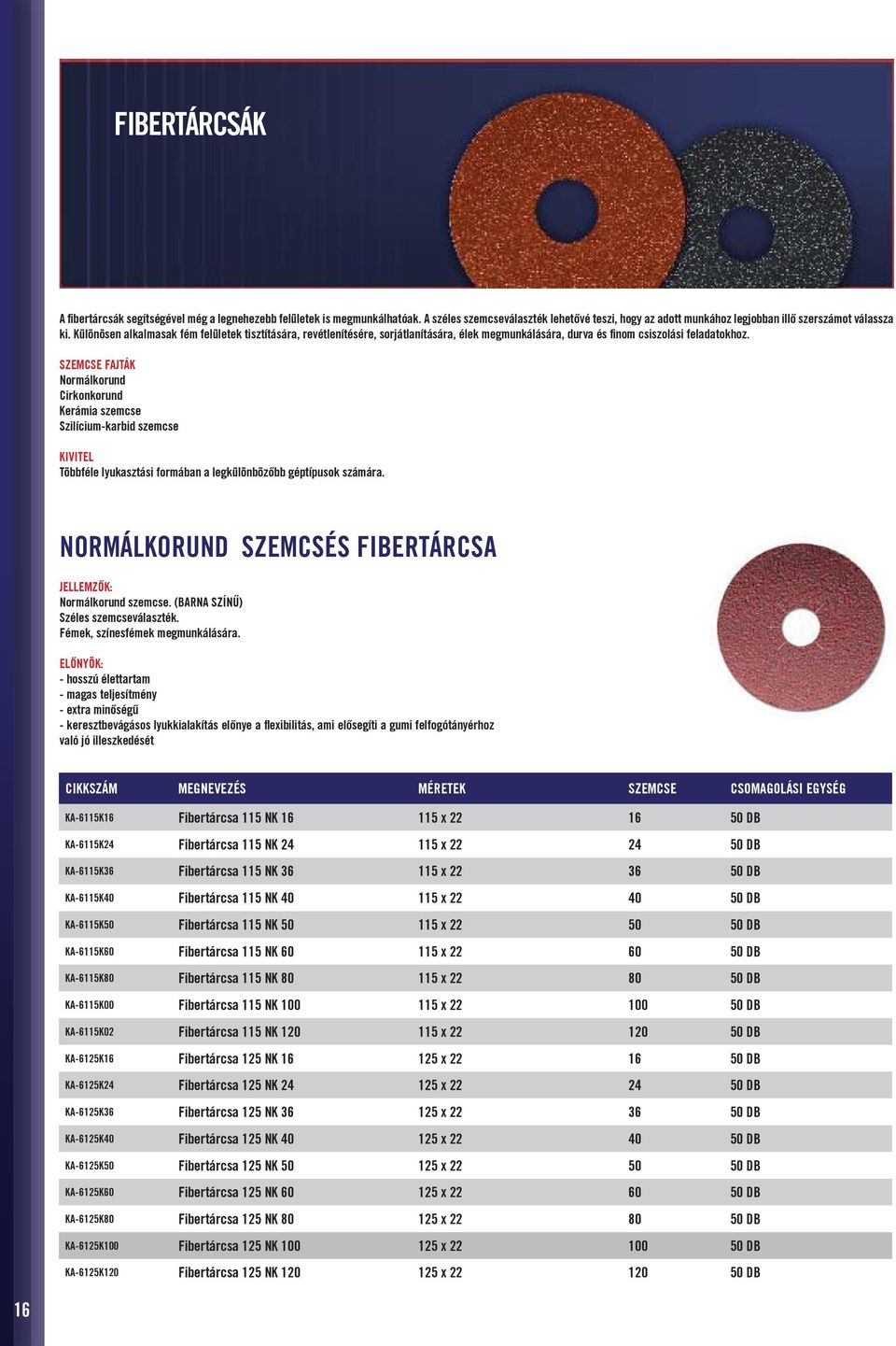 SZEMCSE FAJTÁK Normálkorund Cirkonkorund Kerámia szemcse Szilícium-karbid szemcse KIVITEL Többféle lyukasztási formában a legkülönbözőbb géptípusok számára.