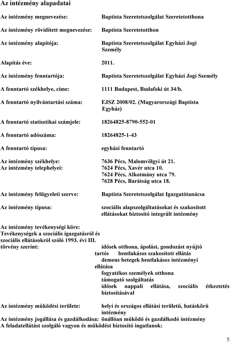 Az intézmény fenntartója: A fenntartó székhelye, címe: A fenntartó nyilvántartási száma: Baptista Szeretetszolgálat Egyházi Jogi Személy 1111 Budapest, Budafoki út 34/b. EJSZ 2008/02.