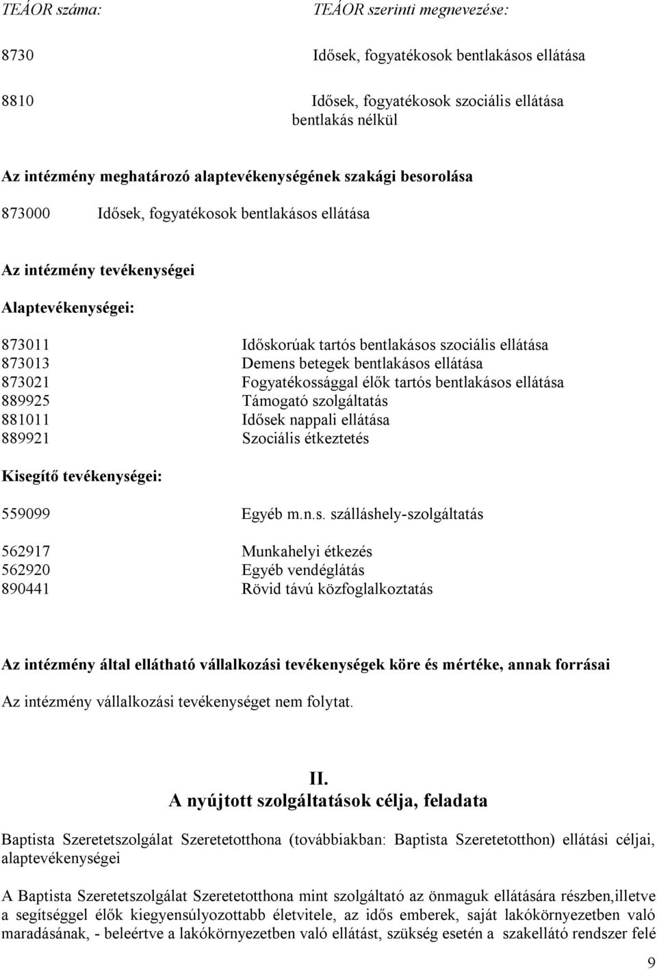 bentlakásos ellátása 873021 Fogyatékossággal élők tartós bentlakásos ellátása 889925 Támogató szolgáltatás 881011 Idősek nappali ellátása 889921 Szociális étkeztetés Kisegítő tevékenységei: 559099