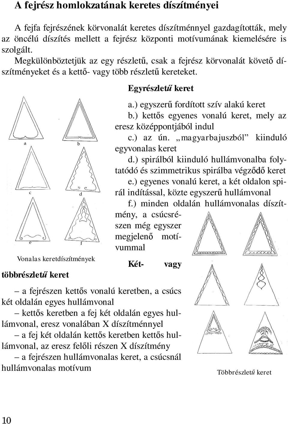 ) egyszerű fordított szív alakú keret b.) kettős egyenes vonalú keret, mely az eresz középpontjából indul c.) az ún. magyarbajuszból kiinduló egyvonalas keret d.