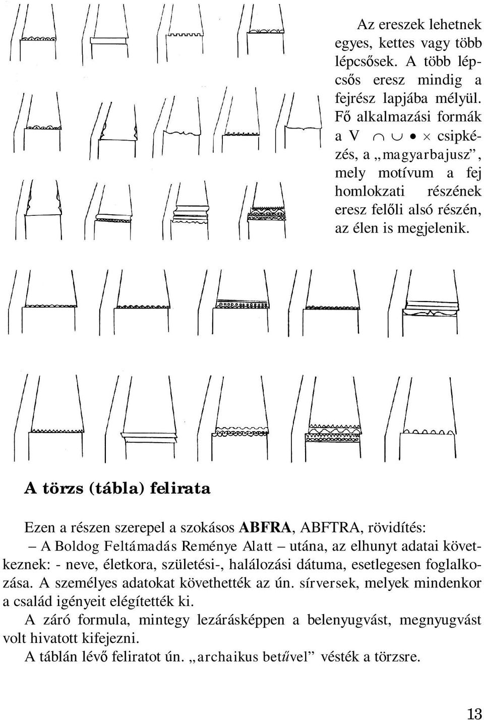 A törzs (tábla) felirata Ezen a részen szerepel a szokásos ABFRA, ABFTRA, rövidítés: A Boldog Feltámadás Reménye Alatt utána, az elhunyt adatai következnek: - neve, életkora, születési-,