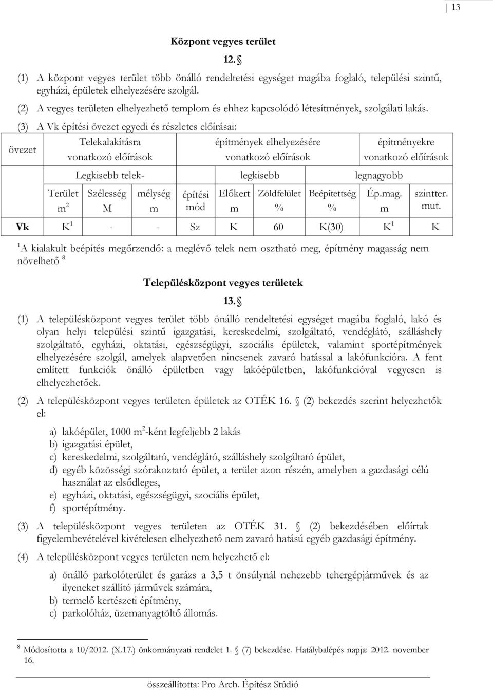 (3) A Vk építési övezet egyedi és részletes előírásai: övezet Terület 2 Telekalakításra építények elhelyezésére Legkisebb telek- legkisebb legnagyobb Szélesség M élység építési ód Előkert Zöldfelület