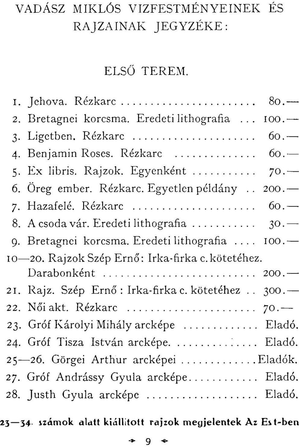 10 20. Rajzok Szép Ernő: Irka-firka c.kötetéhez. Darabonként 200. 21. Rajz. Szép Ernő : Irka-firka c. kötetéhez.. 300. 22. Női akt. Rézkarc 70. 23. Gróf Károlyi Mihály arcképe Eladó. 24.