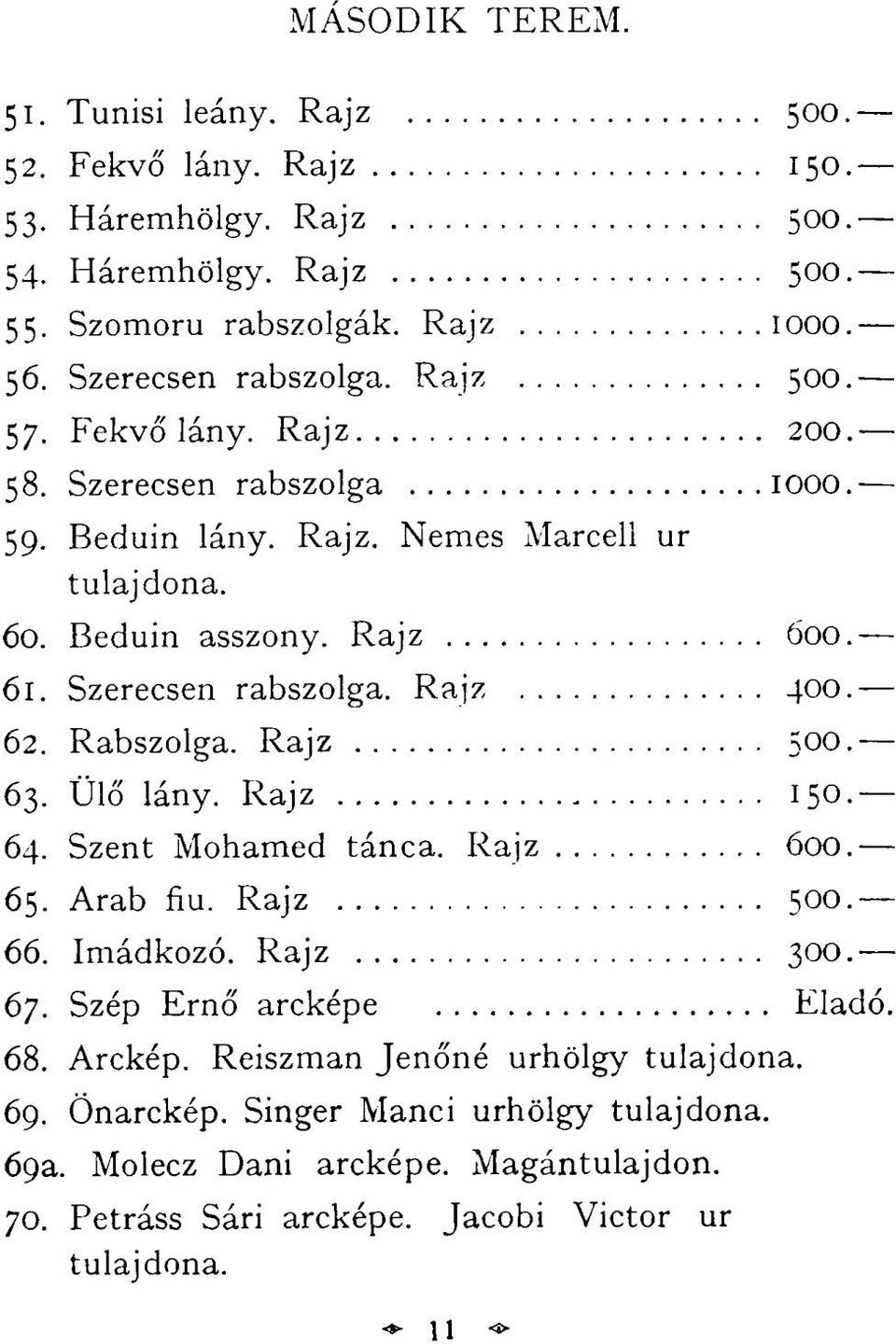 62. Rabszolga. Rajz 500. 63. Ülő lány. Rajz 150. 64. Szent Mohamed tánca. Rajz 600. 65. Arab fiu. Rajz 500. 66. Imádkozó. Rajz 300. 67. Szép Ernő arcképe Eladó. 68. Arckép.