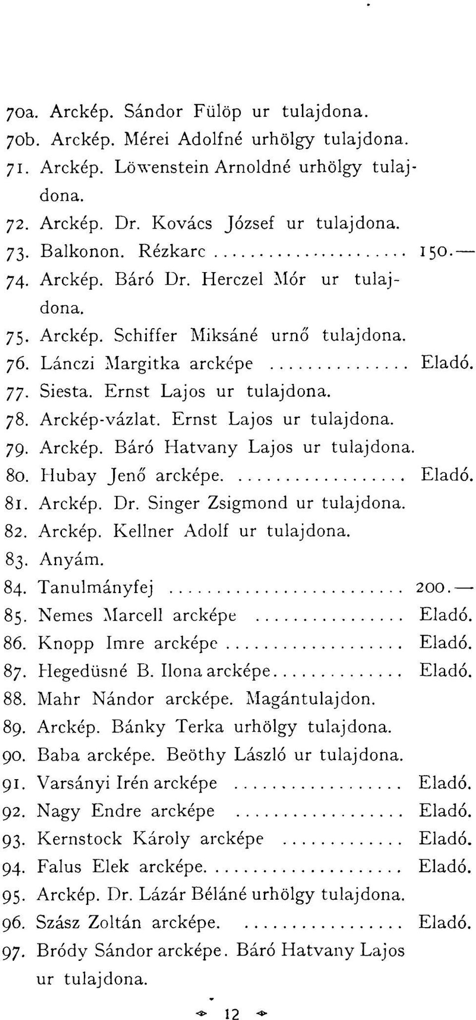 Ernst Lajos ur tulajdona. 79. Arckép. Báró Hatvany Lajos ur tulajdona. 80. Hubay Jenő arcképe Eladó. 81. Arckép. Dr. Singer Zsigmond ur tulajdona. 82. Arckép. Kellner Adolf ur tulajdona. 83. Anyám.