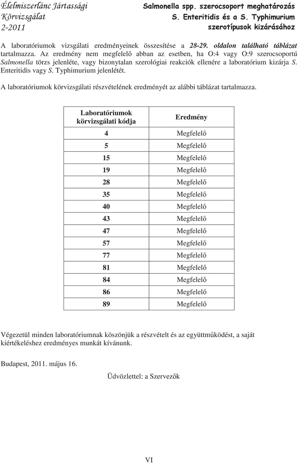 Typhimurium jelenlétét. A laboratóriumok részvételének eredményét az alábbi táblázat tartalmazza.