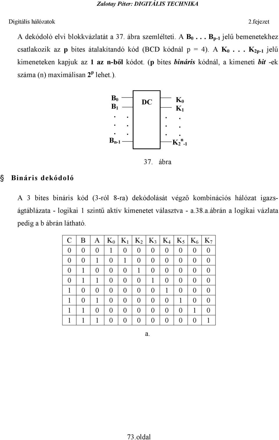 végző kombinációs hálózat igazságtáblázata - logikai 1 szintű aktív kimenetet választva - a38aábrán a logikai vázlata pedig a b ábrán látható K 0 K 1 K 2 K 3 K 4 K 5 K 6 K 7 0 0 0