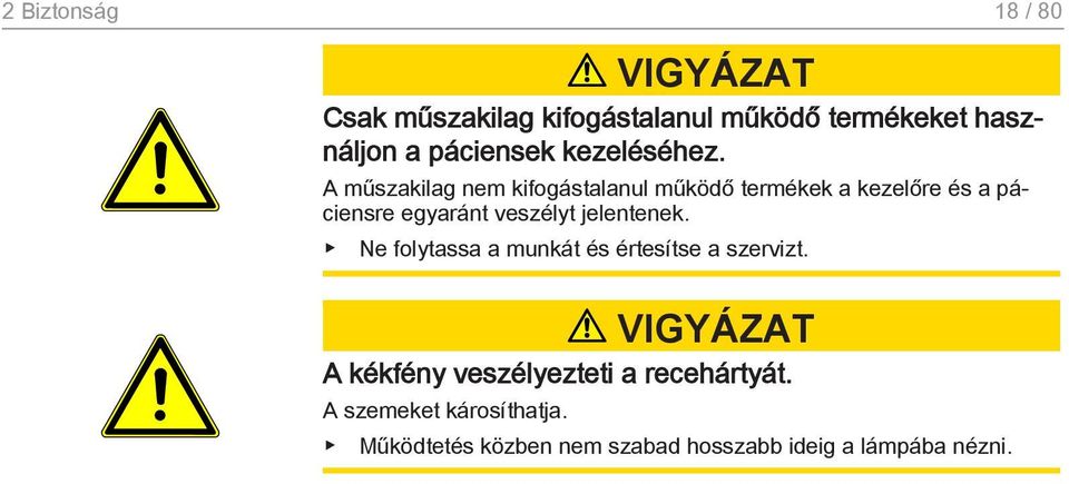 A műszakilag nem kifogástalanul működő termékek a kezelőre és a páciensre egyaránt veszélyt