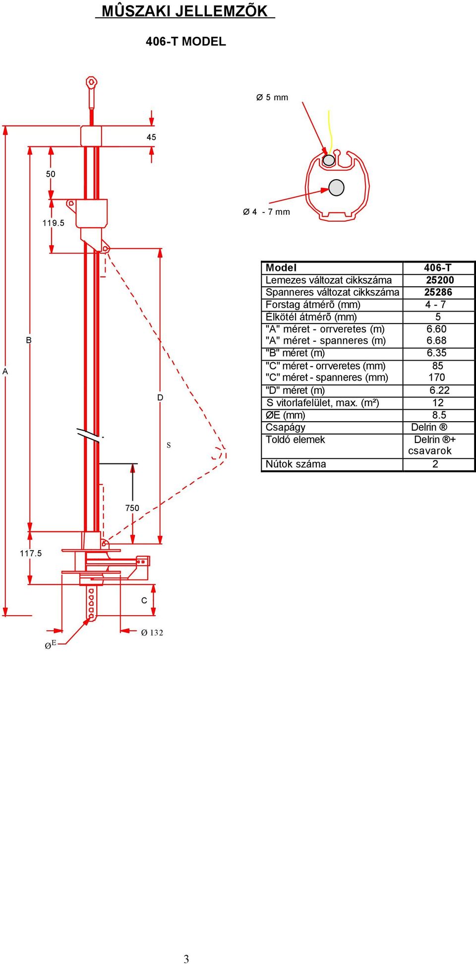 4-7 Élkötél átmérõ (mm) 5 "A" méret - orrveretes (m) "A" méret - spanneres (m) 6.60 6.68 "B" méret (m) 6.