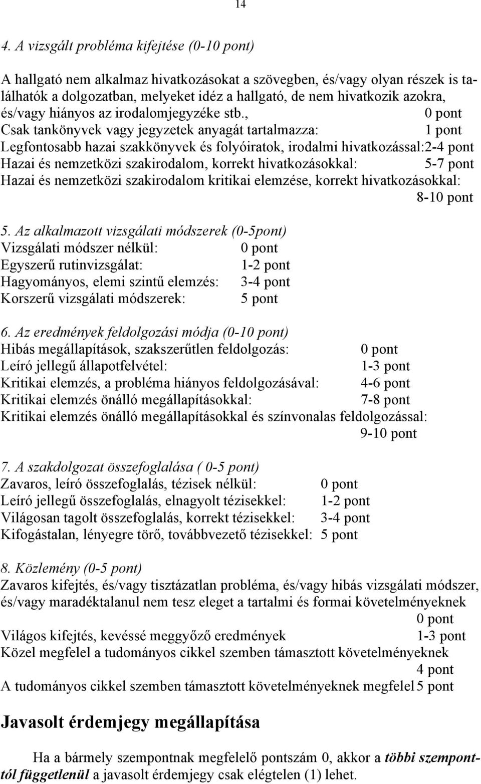 , 0 pont Csak tankönyvek vagy jegyzetek anyagát tartalmazza: 1 pont Legfontosabb hazai szakkönyvek és folyóiratok, irodalmi hivatkozással:2-4 pont Hazai és nemzetközi szakirodalom, korrekt