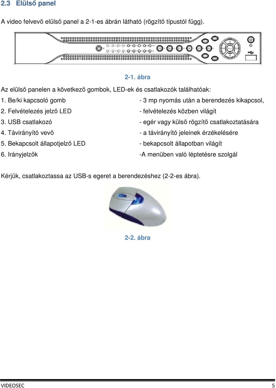 USB csatlakozó - egér vagy külső rögzítő csatlakoztatására 4. Távirányító vevő - a távirányító jeleinek érzékelésére 5.