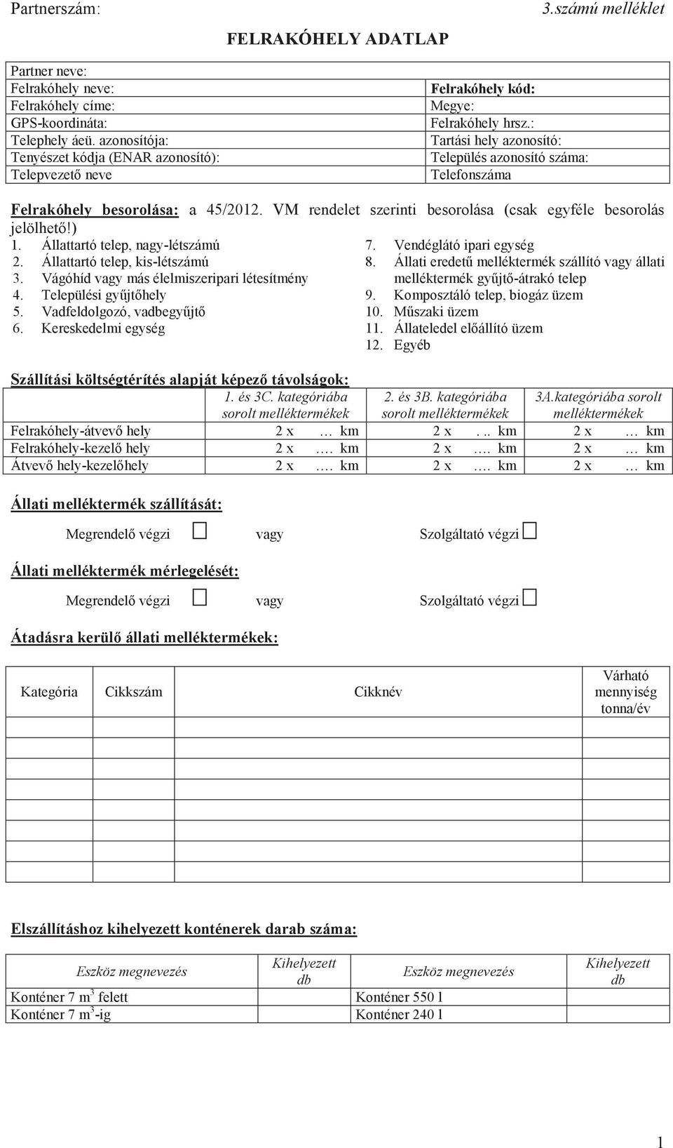 : Tartási hely azonosító: Település azonosító száma: Telefonszáma Felrakóhely besorolása: a 45/2012. VM rendelet szerinti besorolása (csak egyféle besorolás jelölhető!) 1.