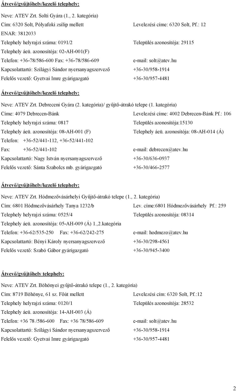 hu Kapcsolattartó: Szilágyi Sándor nyersanyagszervező +36-30/958-1914 Felelős vezető: Gyetvai Imre gyárigazgató +36-30/957-4481 Átvevő/gyűjtőhely/kezelő telephely: Neve: ATEV Zrt. Debreceni Gyára (2.