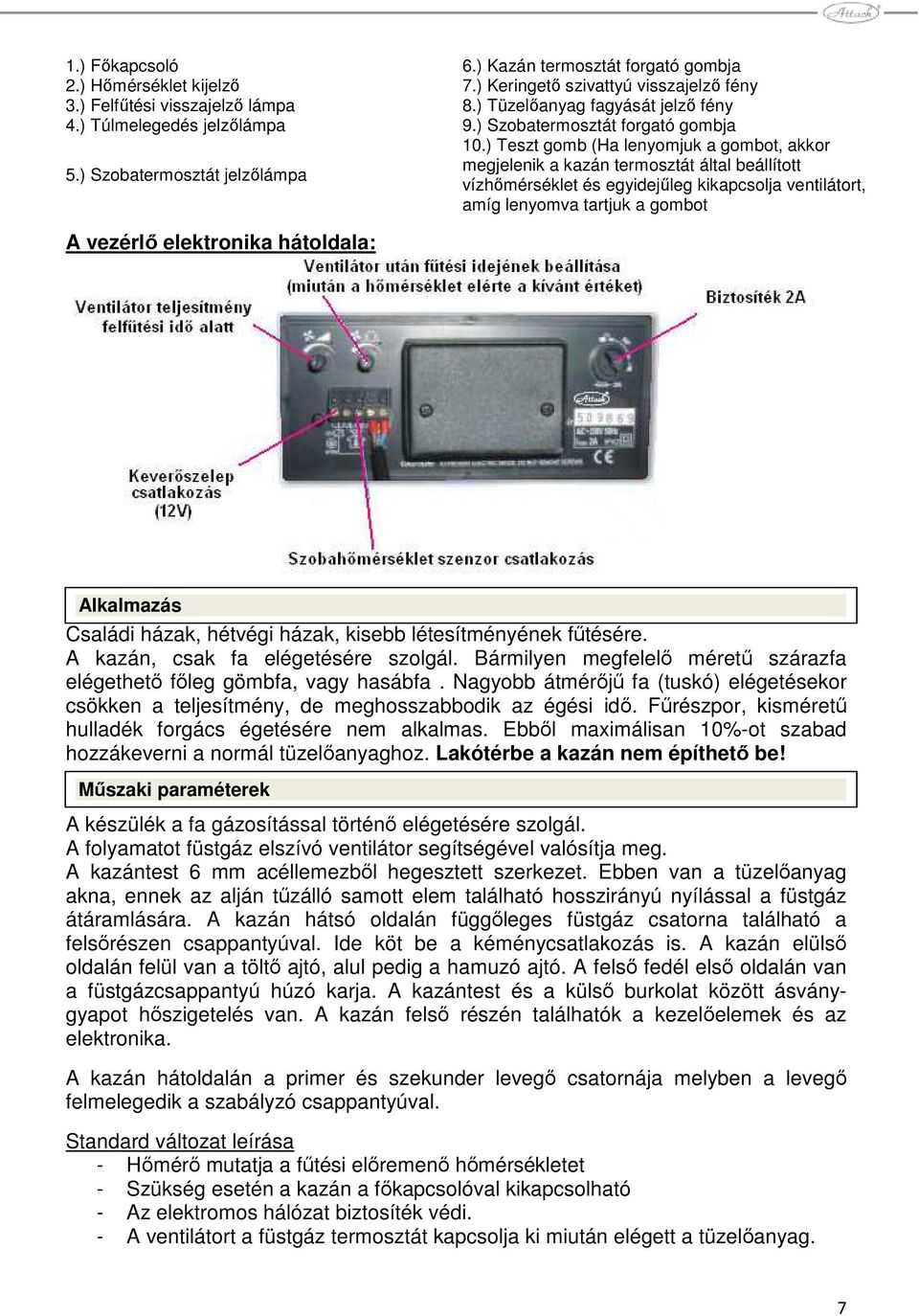 ) Szobatermosztát jelzılámpa megjelenik a kazán termosztát által beállított vízhımérséklet és egyidejőleg kikapcsolja ventilátort, amíg lenyomva tartjuk a gombot A vezérlı elektronika hátoldala: