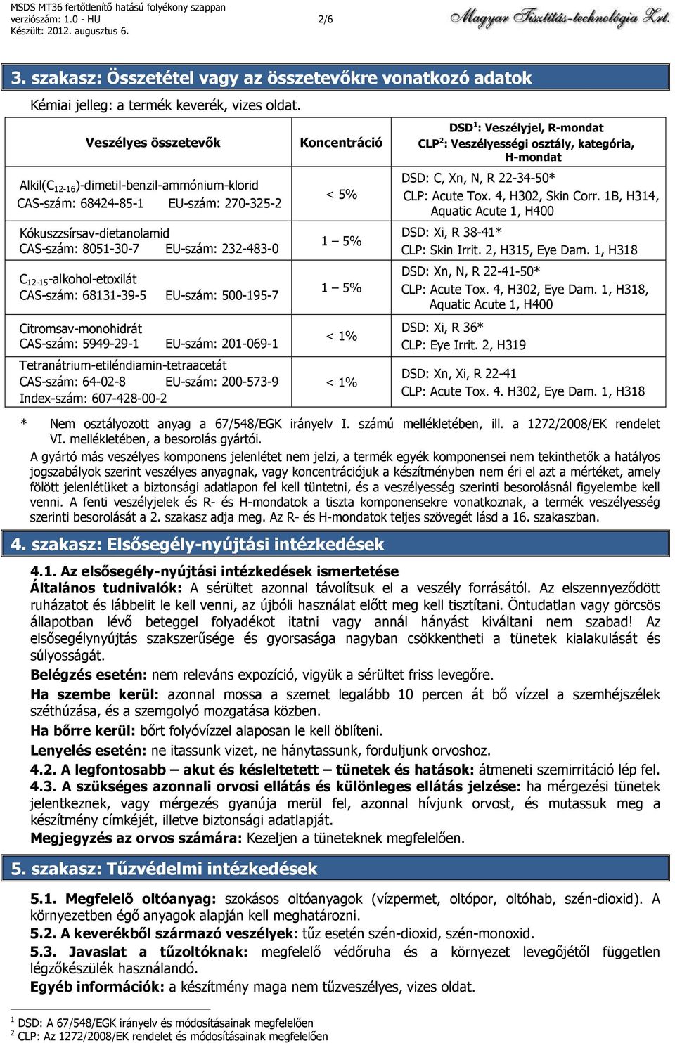 CAS-szám: 68131-39-5 EU-szám: 500-195-7 Citromsav-monohidrát CAS-szám: 5949-29-1 EU-szám: 201-069-1 Tetranátrium-etiléndiamin-tetraacetát CAS-szám: 64-02-8 EU-szám: 200-573-9 Index-szám: 607-428-00-2