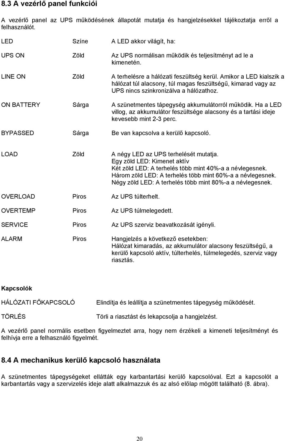 Amikor a LED kialszik a hálózat túl alacsony, túl magas feszültségű, kimarad vagy az UPS nincs szinkronizálva a hálózathoz. ON BATTERY Sárga A szünetmentes tápegység akkumulátorról működik.