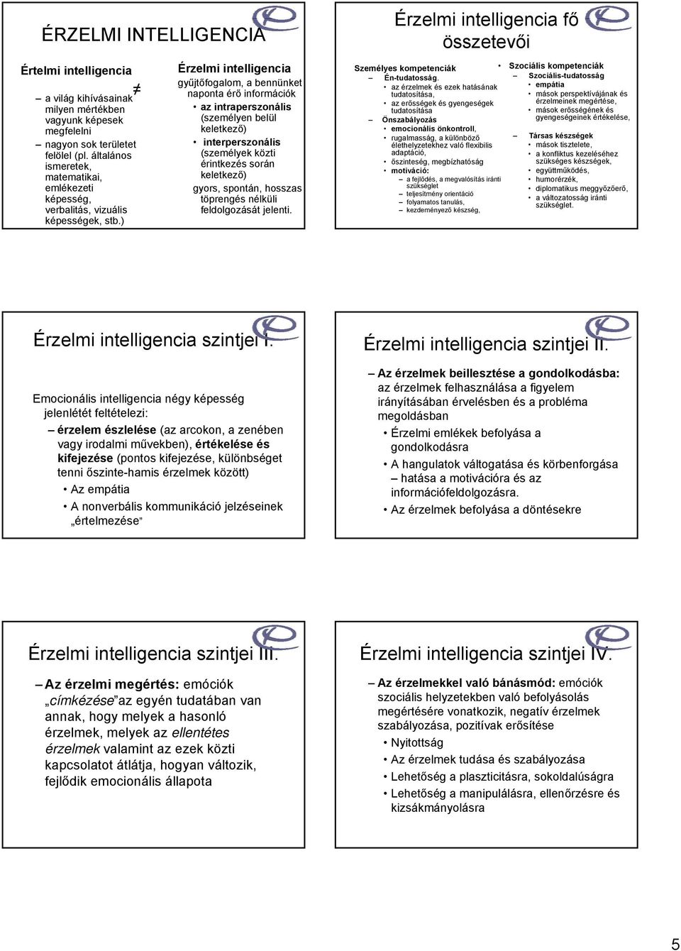 ) Érzelmi intelligencia gyűjtőfogalom, a bennünket naponta érő információk az intraperszonális (személyen belül keletkező) interperszonális (személyek közti érintkezés során keletkező) gyors,