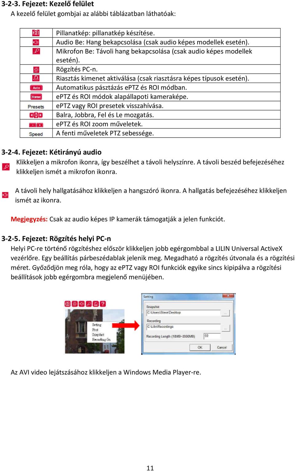 eptz és ROI módok alapállapoti kameraképe. eptz vagy ROI presetek visszahívása. Balra, Jobbra, Fel és Le mozgatás. eptz és ROI zoom műveletek. A fenti műveletek PTZ sebessége. 3-2-4.