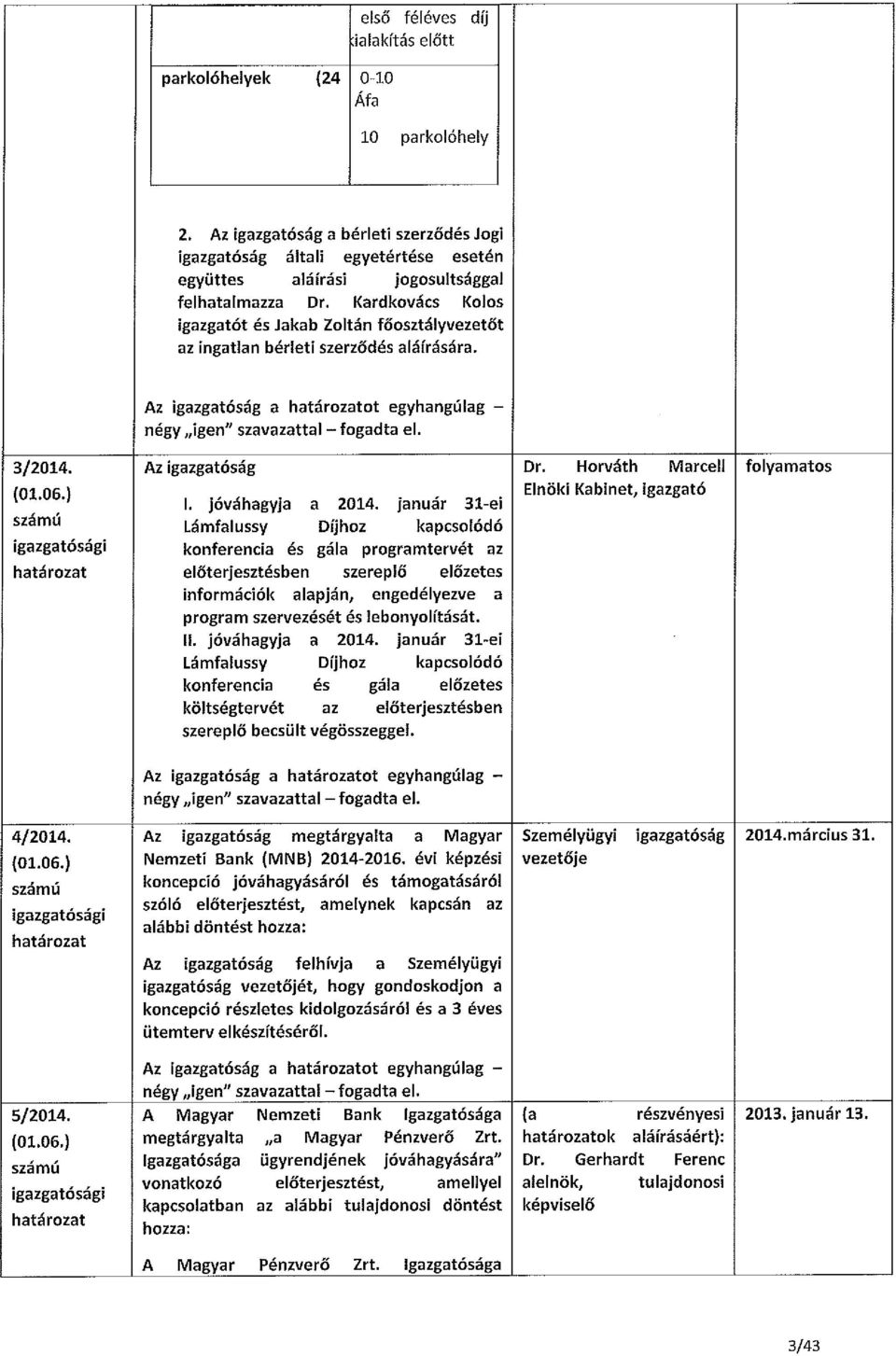 Kardkovács Kolos igazgatót és Jakab Zoltán főosztályvezetőt az ingatlan bérleti szerződés aláírására. Az igazgatóság a ot egyhangúlag 3/2014. Az igazgatóság Dr. Horváth Marcell folyamatos (01.06.) I.