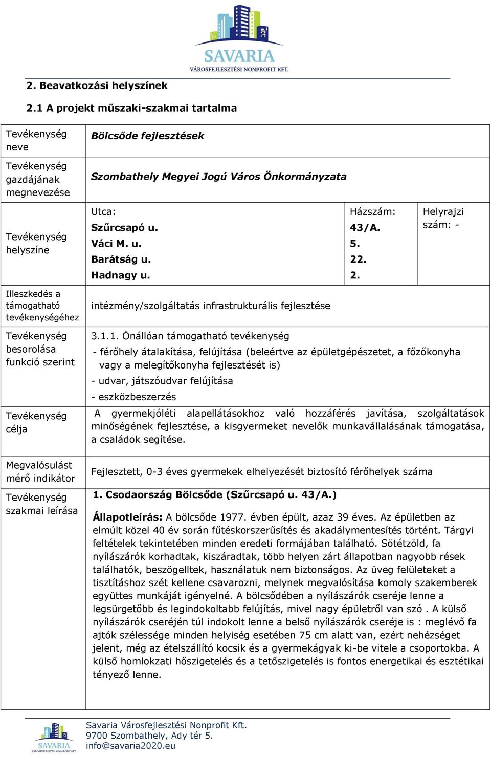 1.1. Önállóan támogatható tevékenység - férőhely átalakítása, felújítása (beleértve az épületgépészetet, a főzőkonyha vagy a melegítőkonyha fejlesztését is) - udvar, játszóudvar felújítása -