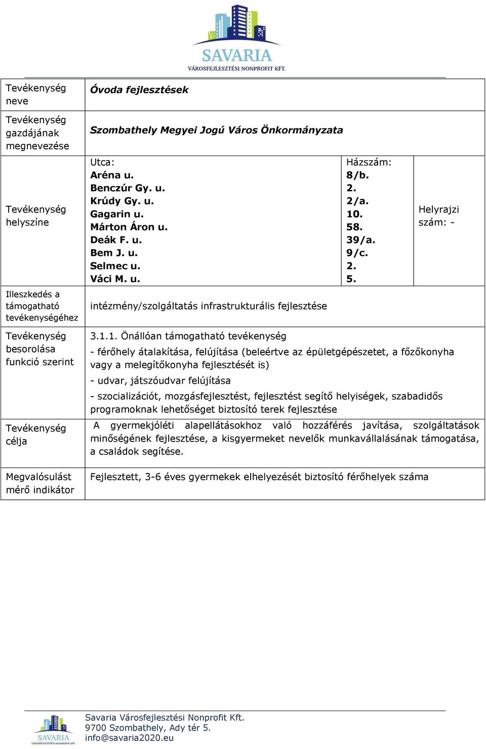 . 39/a. 9/c. 2. 5. Helyrajzi szám: - besorolása funkció szerint célja Megvalósulást mérő indikátor 3.1.