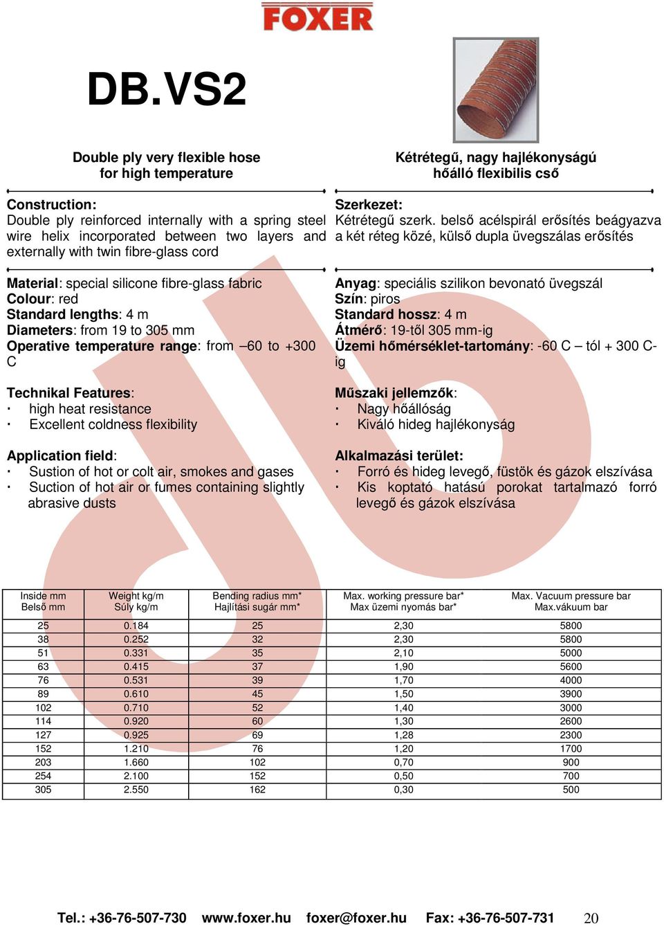 belső acélspirál erősítés beágyazva a két réteg közé, külső dupla üvegszálas erősítés Material: special silicone fibre-glass fabric Colour: red Standard lengths: 4 m Diameters: from 19 to 305 mm
