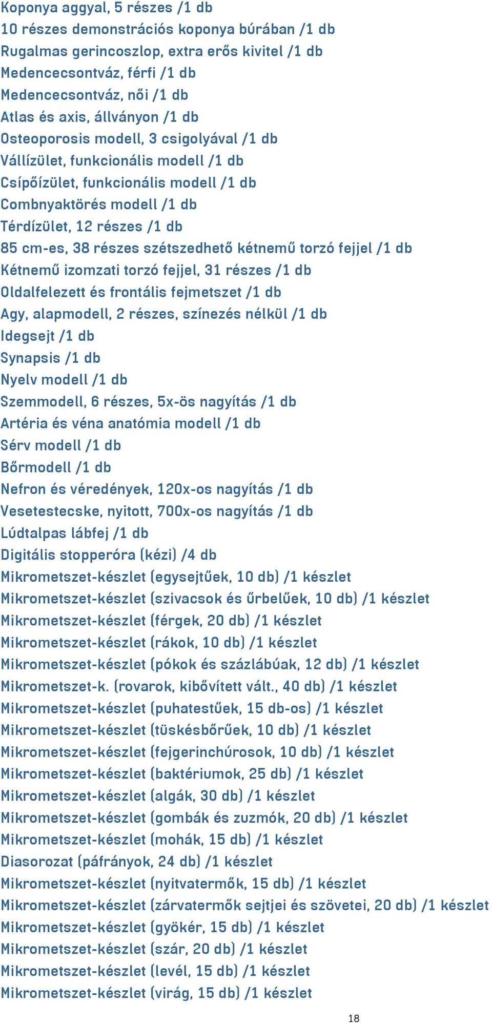 38 részes szétszedhető kétnemű torzó fejjel /1 db Kétnemű izomzati torzó fejjel, 31 részes /1 db Oldalfelezett és frontális fejmetszet /1 db Agy, alapmodell, 2 részes, színezés nélkül /1 db Idegsejt