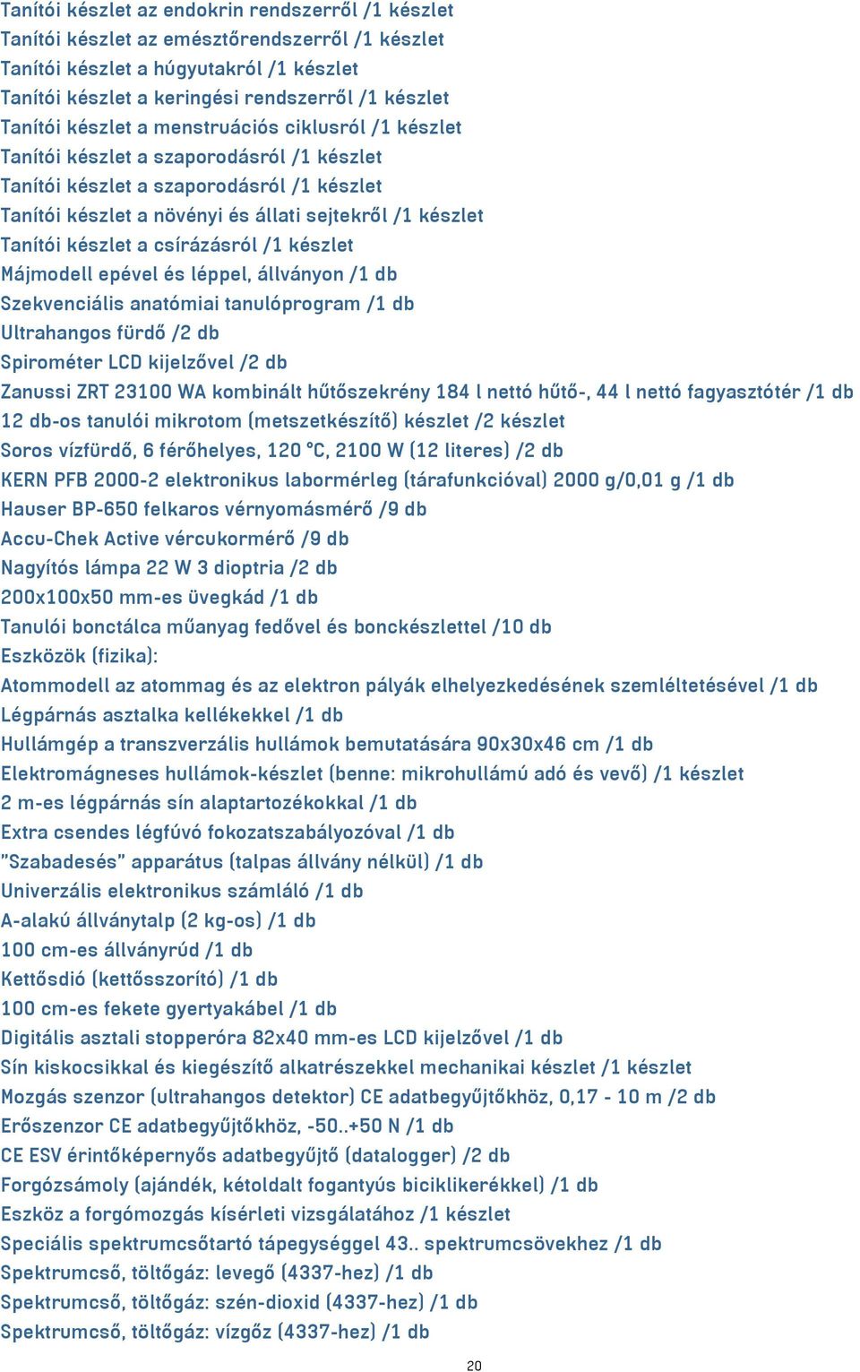 készlet a csírázásról /1 készlet Májmodell epével és léppel, állványon /1 db Szekvenciális anatómiai tanulóprogram /1 db Ultrahangos fürdő /2 db Spirométer LCD kijelzővel /2 db Zanussi ZRT 23100 WA