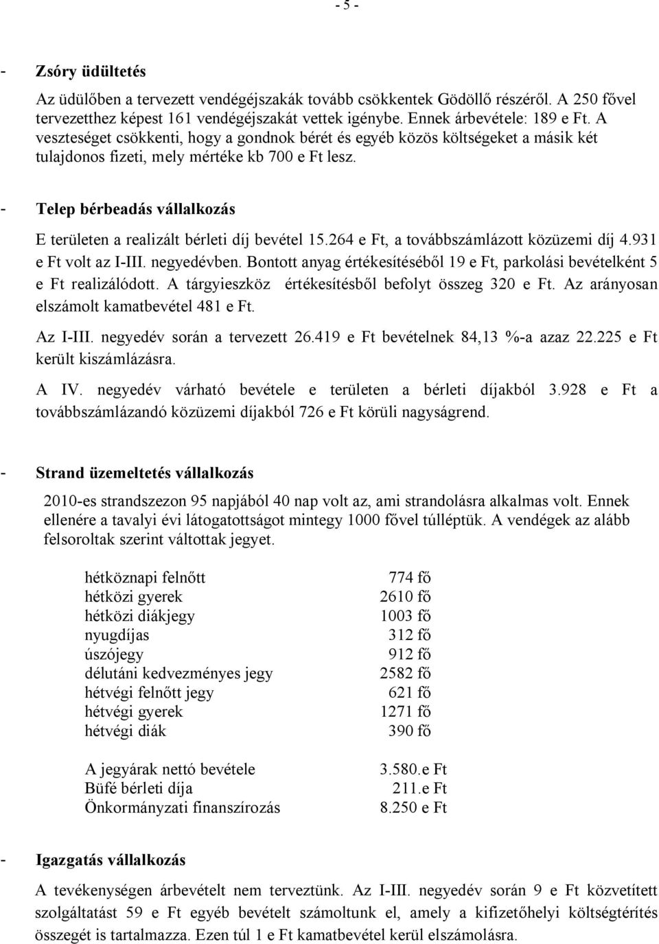 - Telep bérbeadás vállalkozás E területen a realizált bérleti díj bevétel 15.264 e Ft, a továbbszámlázott közüzemi díj 4.931 e Ft volt az I-III. negyedévben.