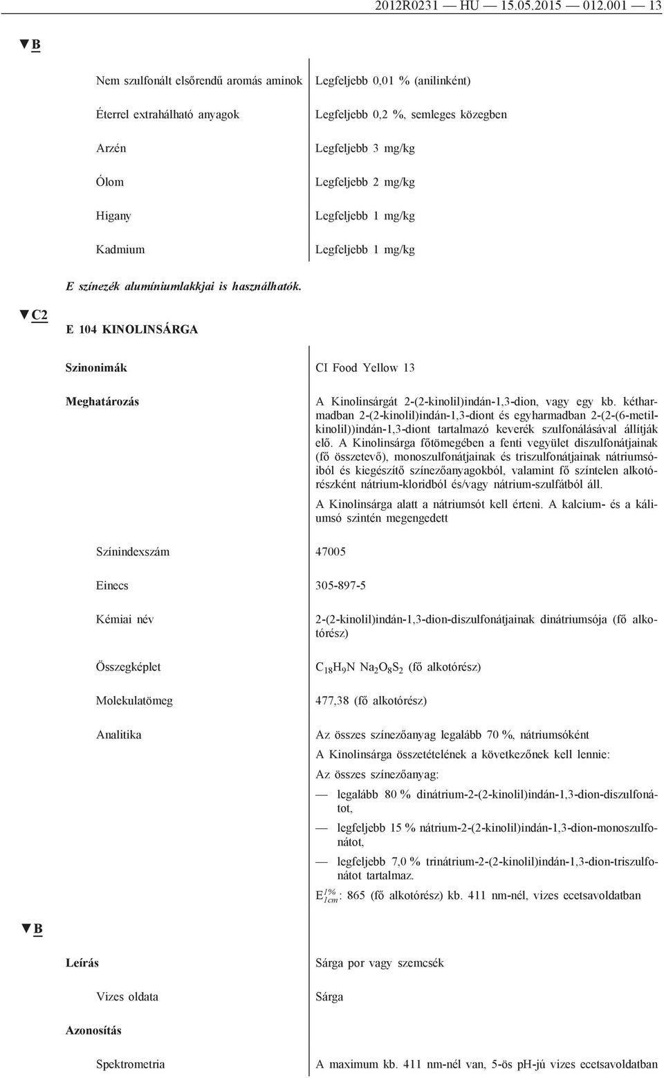 C2 E 104 KINOLINSÁRGA CI Food Yellow 13 A Kinolinsárgát 2-(2-kinolil)indán-1,3-dion, vagy egy kb.