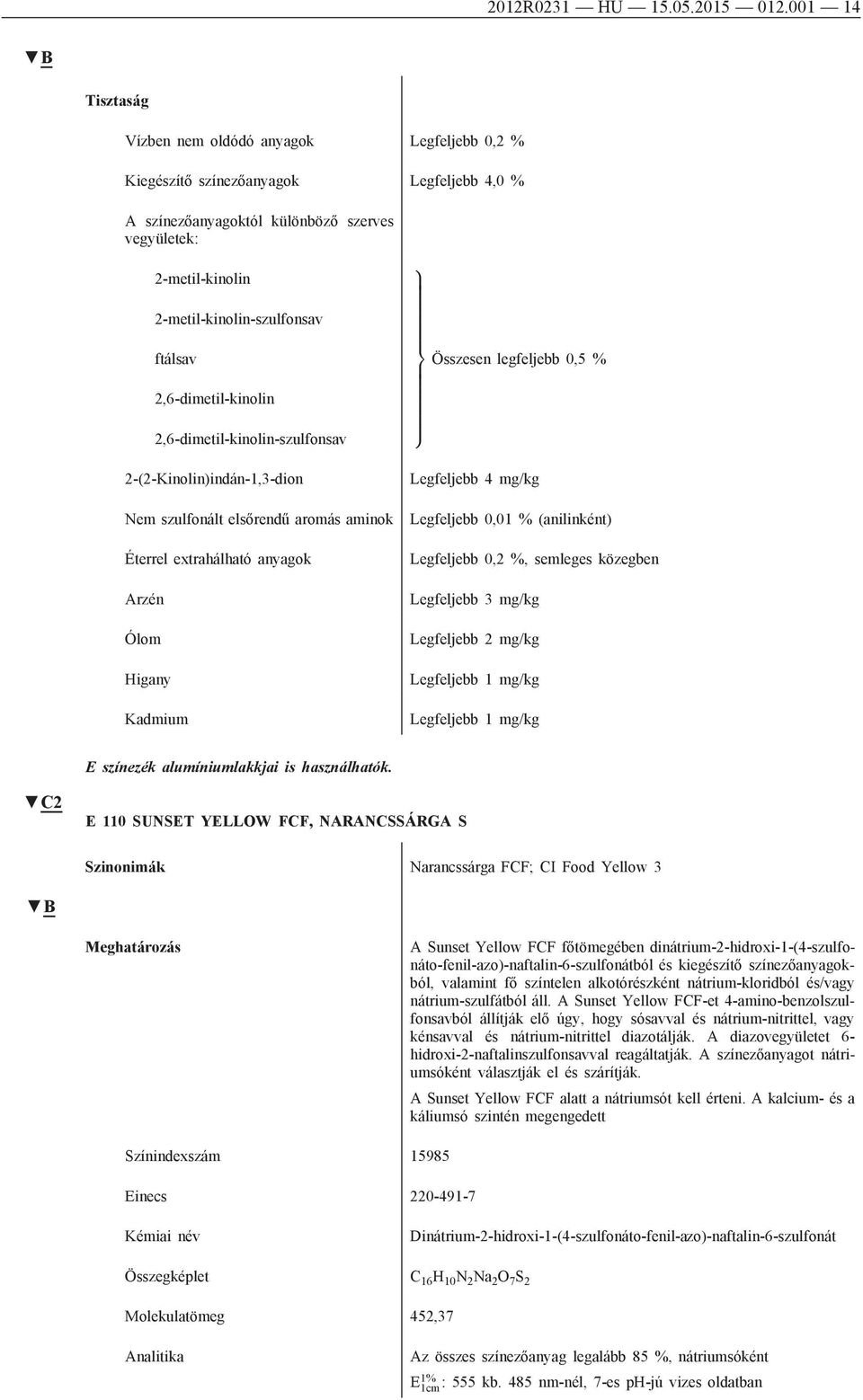 2,6-dimetil-kinolin 2,6-dimetil-kinolin-szulfonsav 2-(2-Kinolin)indán-1,3-dion Nem szulfonált elsőrendű aromás aminok Éterrel extrahálható anyagok Kadmium 9 > = > ; Összesen legfeljebb 0,5 %