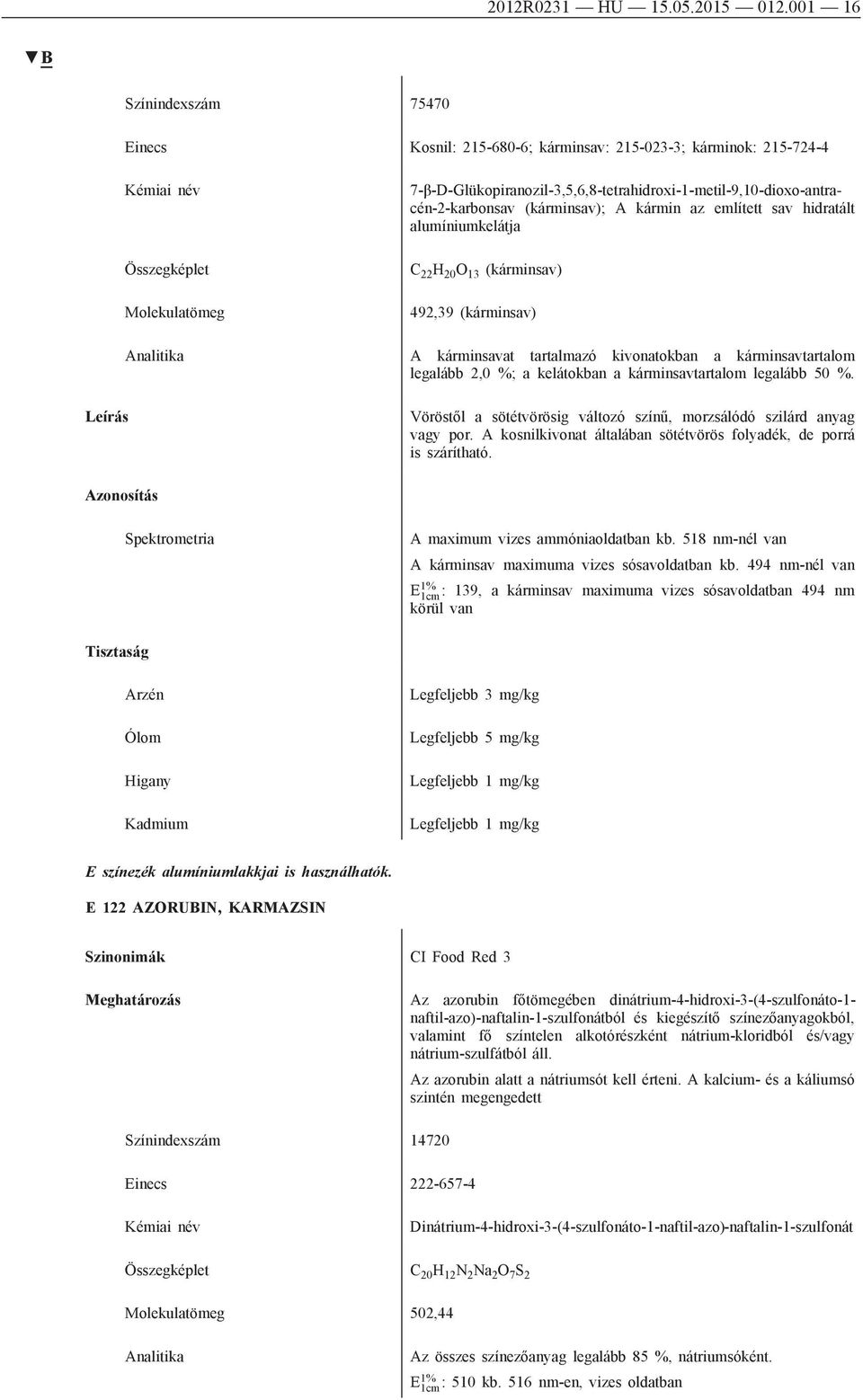 (kárminsav); A kármin az említett sav hidratált alumíniumkelátja C 22 H 20 O 13 (kárminsav) 492,39 (kárminsav) A kárminsavat tartalmazó kivonatokban a kárminsavtartalom legalább 2,0 %; a kelátokban a