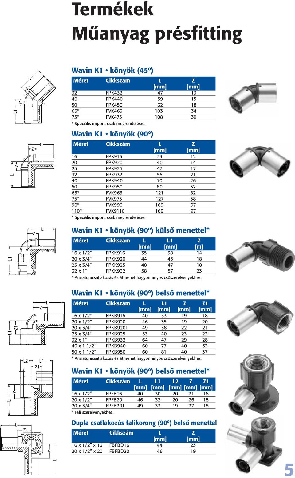Wavin K1 könyök (90º) Méret Cikkszám L Z [mm] [mm] 16 FPK916 33 12 20 FPK920 40 14 25 FPK925 47 17 32 FPK932 56 21 40 FPK940 70 26 50 FPK950 80 32 63* FVK963 121 52 75* FVK975 127 58 90* FVK990 169