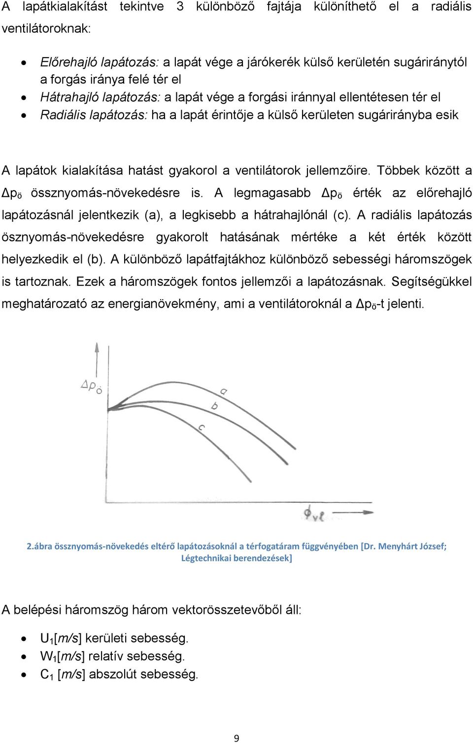 ventilátorok jellemzőire. Többek között a Δp ö össznyomás-növekedésre is. A legmagasabb Δp ö érték az előrehajló lapátozásnál jelentkezik (a), a legkisebb a hátrahajlónál (c).