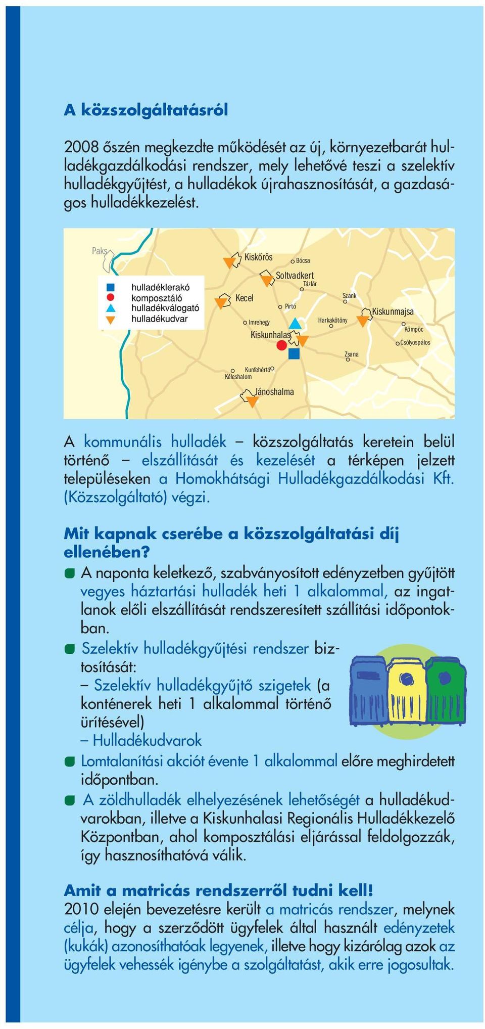 Paks Kiskőrös Bócsa Soltvadkert Tázlár Kecel Szank Pirtó Imrehegy Harkakötöny Kiskunhalas Zsana Kunfehértó Kéleshalom Jánoshalma Kiskunmajsa Kömpöc Csólyospálos A kommunális hulladék közszolgáltatás