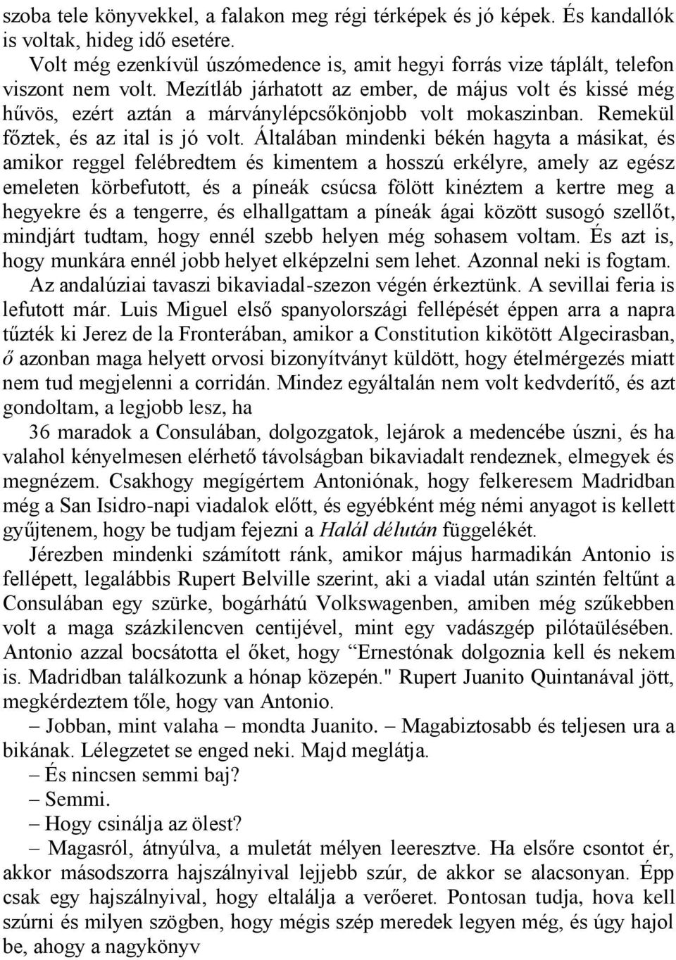 Általában mindenki békén hagyta a másikat, és amikor reggel felébredtem és kimentem a hosszú erkélyre, amely az egész emeleten körbefutott, és a píneák csúcsa fölött kinéztem a kertre meg a hegyekre