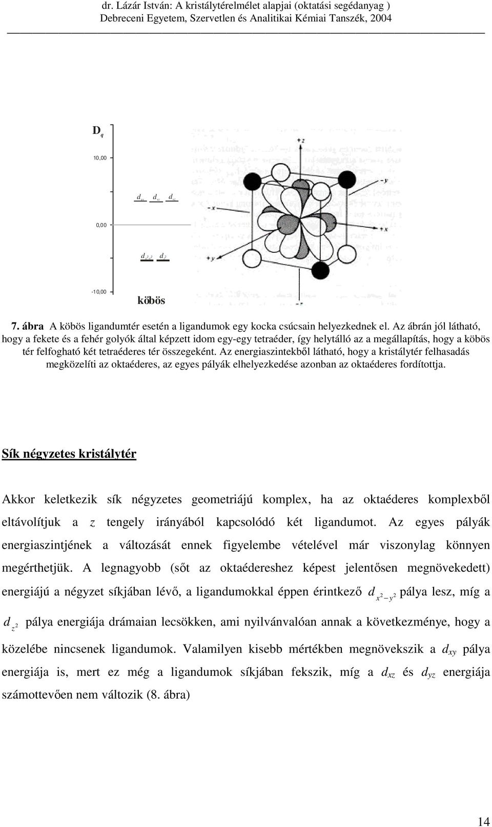 Az energiaszintekbıl látható, hogy a kristálytér felhasadás megközelíti az oktaéderes, az egyes pályák elhelyezkedése azonban az oktaéderes fordítottja.