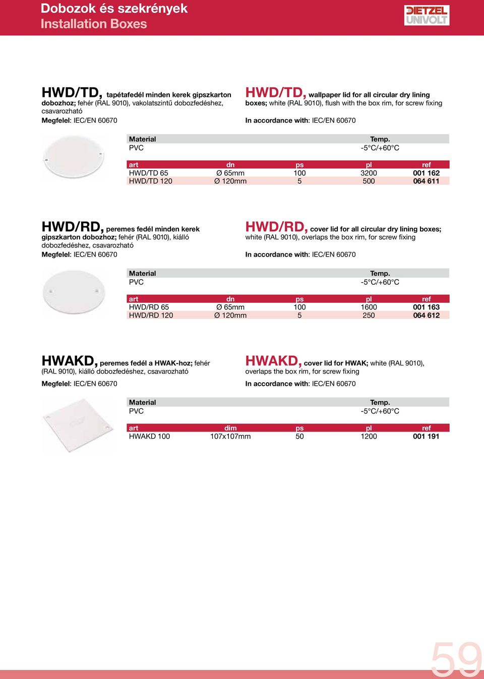 dobozfedéshez, csavarozható HWD/RD, cover lid for all circular dry lining boxes; (RAL 9010), overlaps the box rim, for screw fixing art dn ps pl ref HWD/RD 65 Ø 65mm 100 1600 001 163 HWD/RD 120 Ø