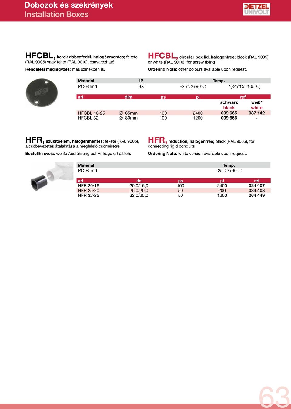 IP PC-Blend 3X -25 C/+90 C *(-25 C/+105 C) weiß* HFCBL 16-25 Ø 65mm 100 2400 009 665 037 142 HFCBL 32 Ø 80mm 100 1200 009 666 - HFR, szűkítőelem, halogénmentes; (RAL 9005), a csőbevezetés átalakítása